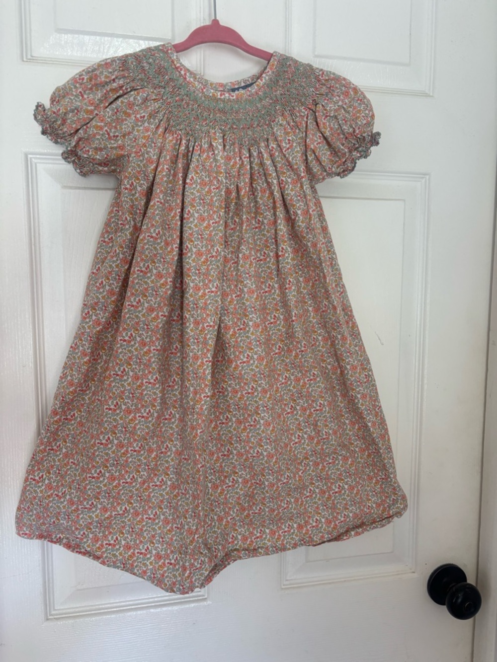 Smocked Floral Puff-Sleeve Girl's Dress - Pink/Green
